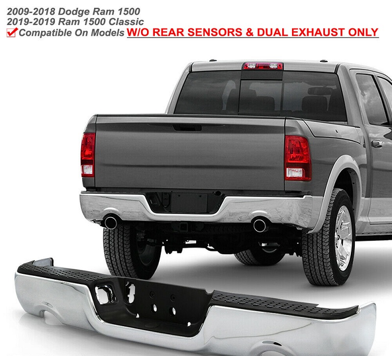 Chrome Dual Exhaust wo Sensor Rear Bumper and Caps 09-18 Ram